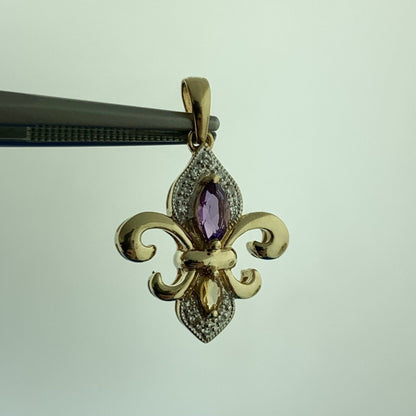 Designer 10K Yellow White Gold Amethyst Citrine Diamond Fleur De Lis Pendant