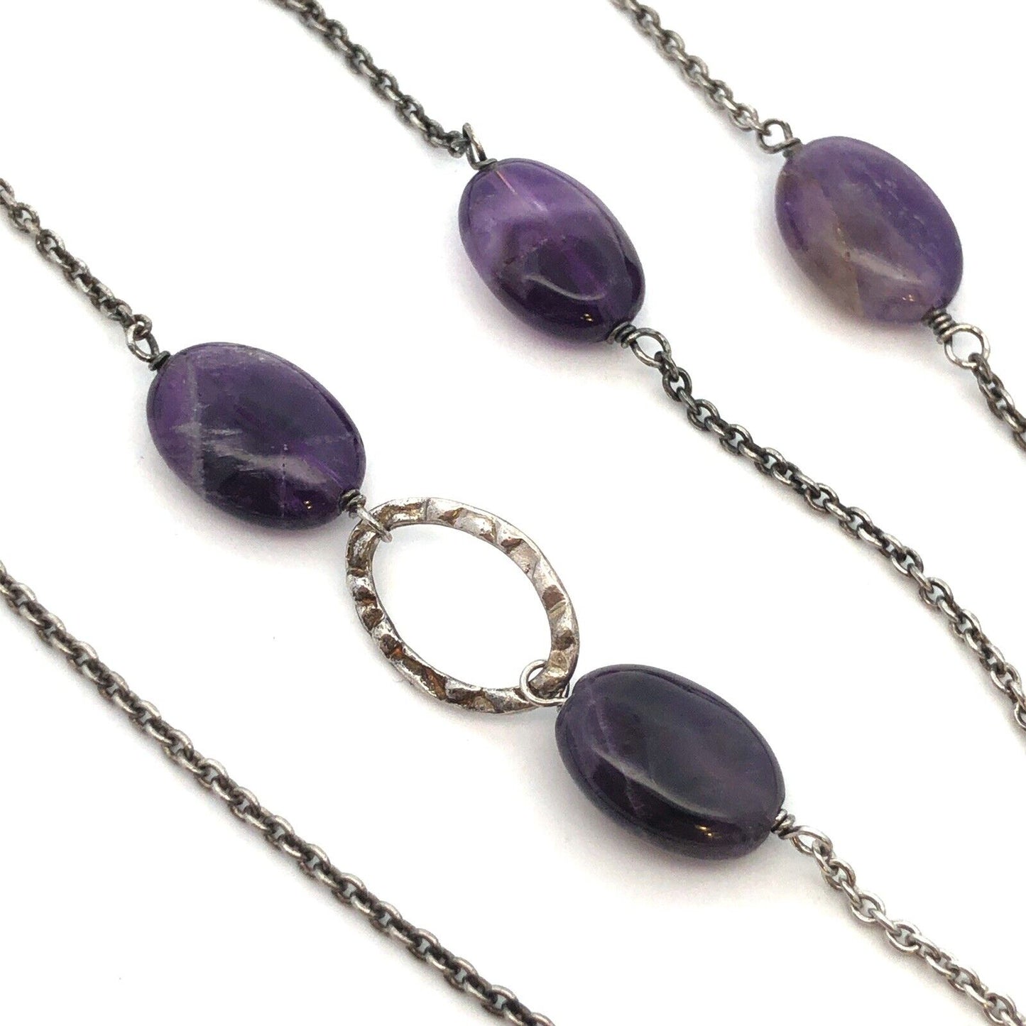 Designer NF 925 Sterling Silver Oval Amethyst Beaded Statement Chain Necklace