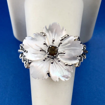 Sterling Silver Citrine Marcasite Mother of Pearl Flower Butterfly Ring Size 9