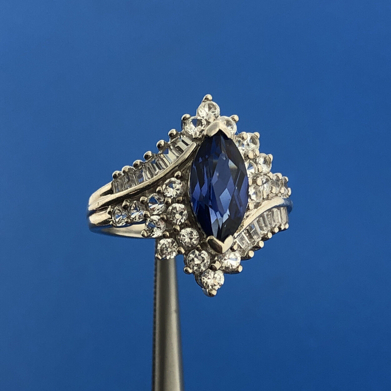 925 Sterling Silver Blue Spinel White Topaz Statement Anniversary Ring