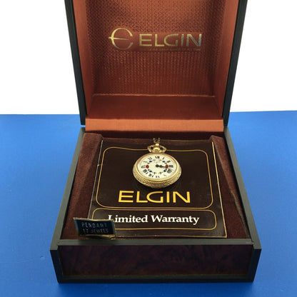 Elgin Gold Tone Ornate 17 Jewels Ladies Floral Pendant Watch With Chain Fob/Box