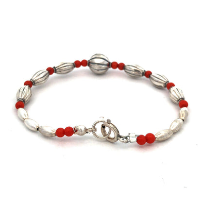 Designer STG 925 Sterling Silver Red Coral Textured Beaded Bracelet