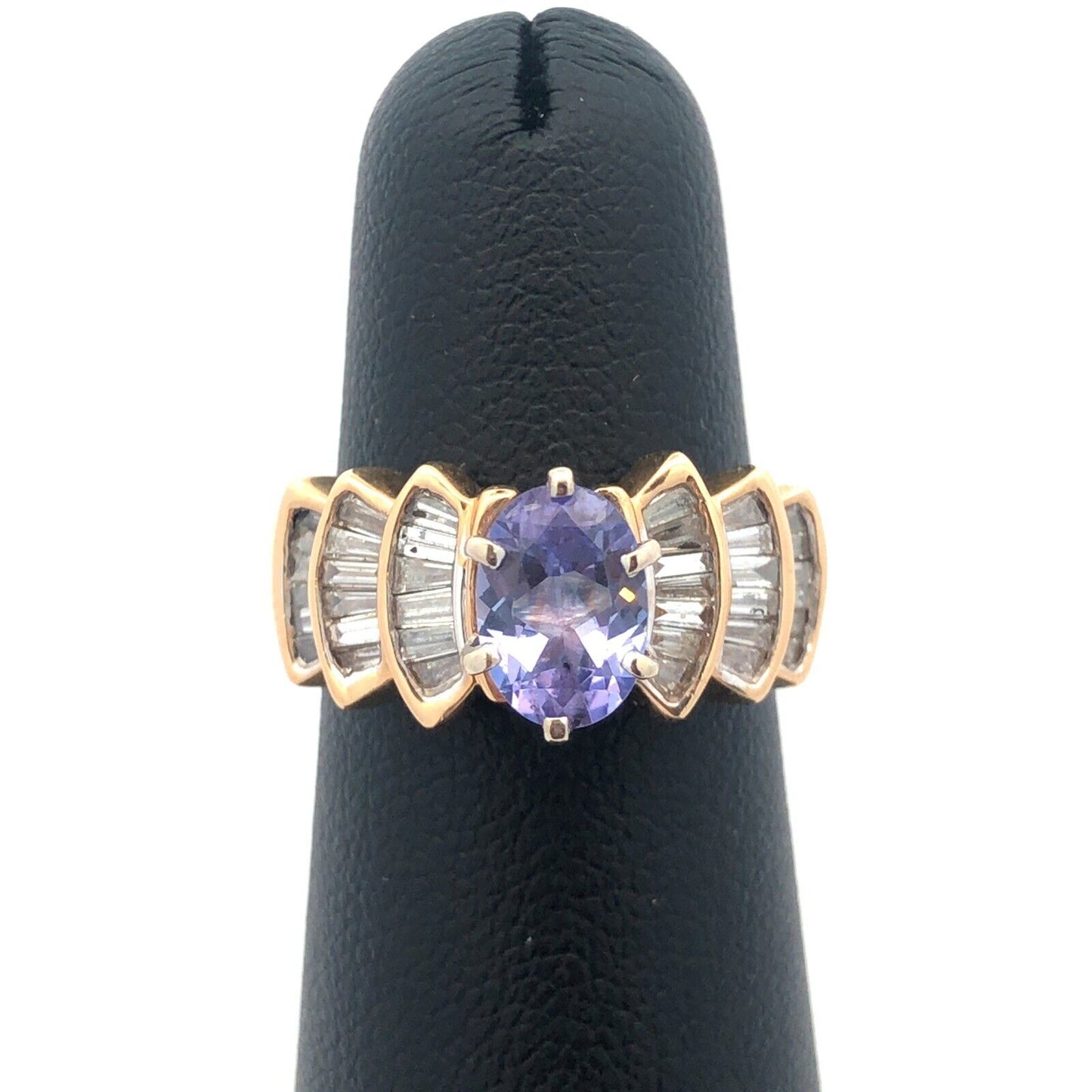 Designer 14K Yellow Gold Oval Tanzanite Diamond Baguette Accented Statement Ring