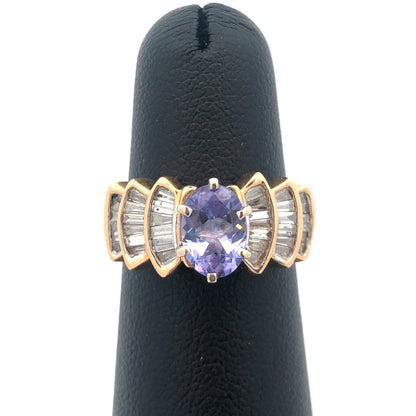 Designer 14K Yellow Gold Oval Tanzanite Diamond Baguette Accented Statement Ring