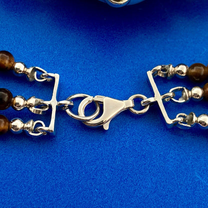 Retro 925 Sterling Silver Tiger Eye Beaded Open Scroll Work Statement Bracelet