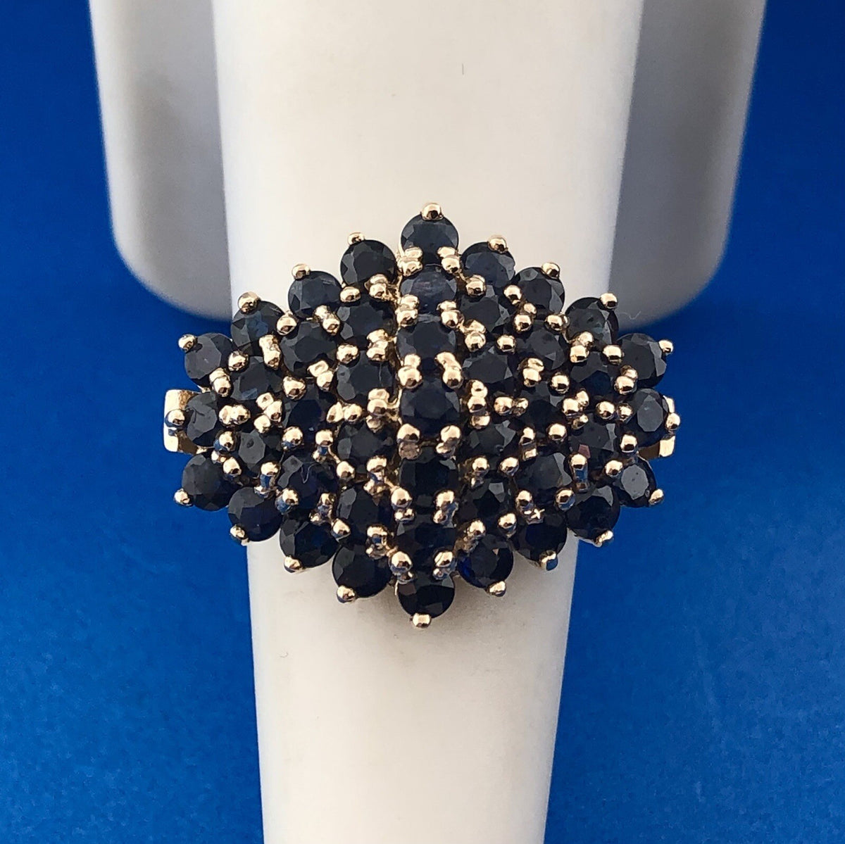 Modernist 10K Yellow Gold Sapphire Cluster September Anniversary Dome Ring