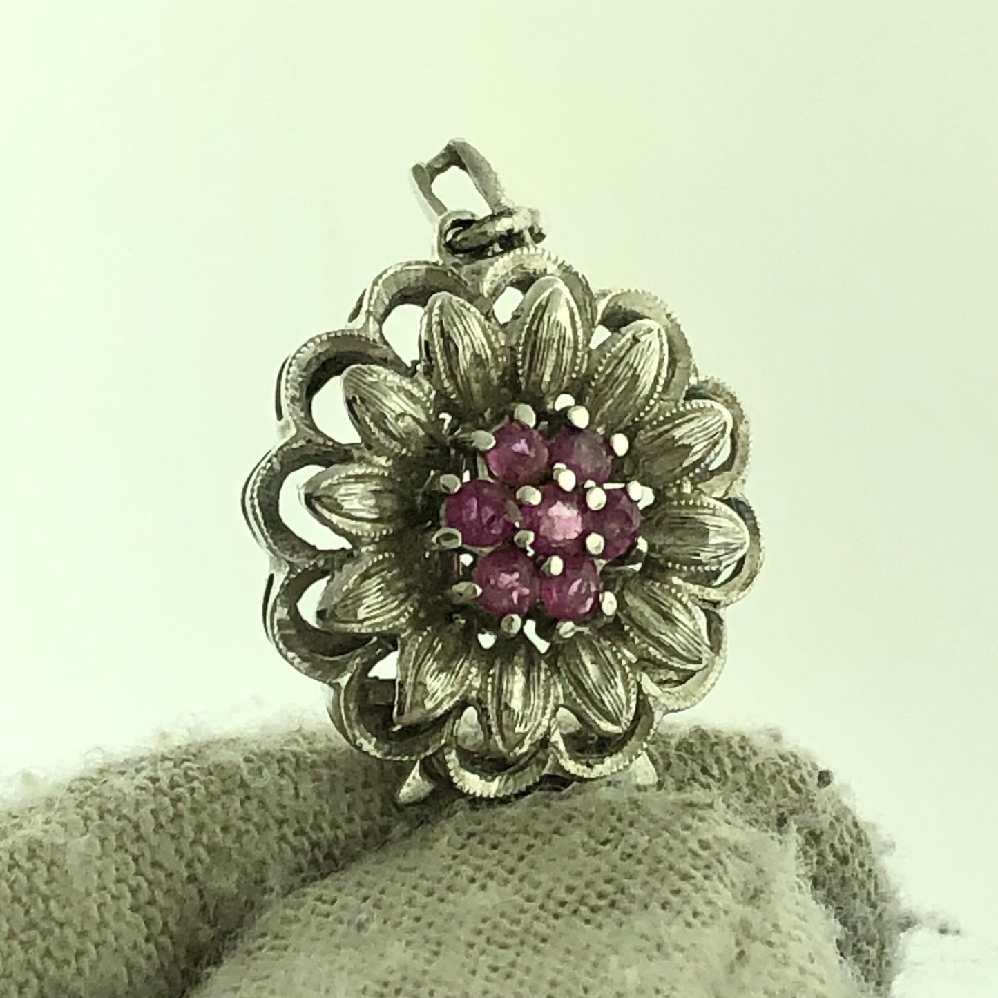 Vintage 18k White Gold Round Ruby White Pearl Flower Bracelet Necklace Clasp