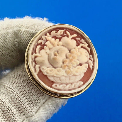 Italy 18K Yellow Gold Cameo Carved Shell Fruit Basket Cameo Stud Earrings