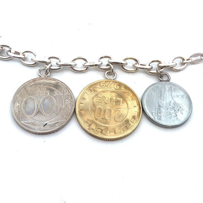 Milor Italy 925 Sterling Silver Italian Currency Lire Coin Charm Bracelet