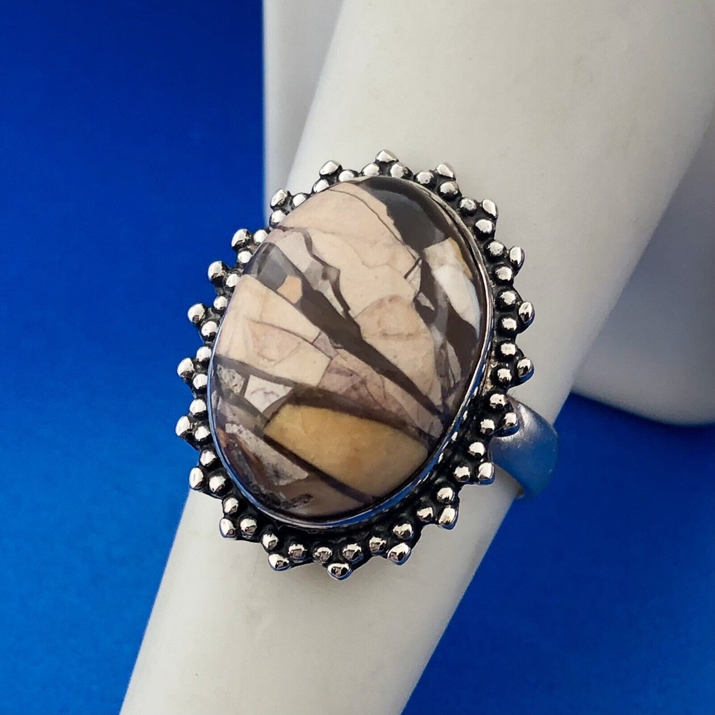 Vintage 925 Sterling Silver Oval Enamel Mosaic Jasper Inlay Statement Ring