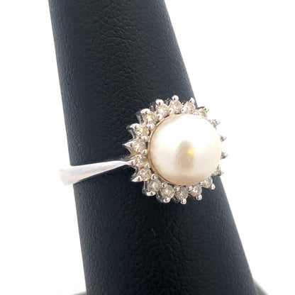 Designer 14K White Gold Pearl Solitaire Diamond Halo June Anniversary Ring
