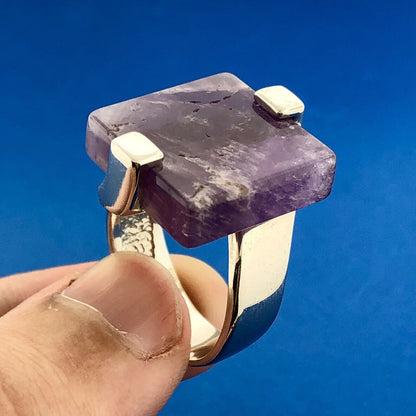 Stunning Sterling Silver 925 Square Cut Purple Amethyst Slab Ring Size 8.25