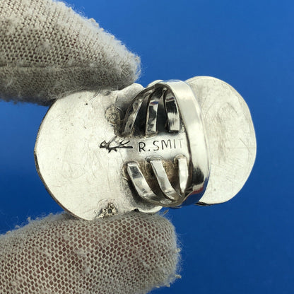 Native American R Smith 925 Sterling Silver Green Turquoise Squash Blossom Ring