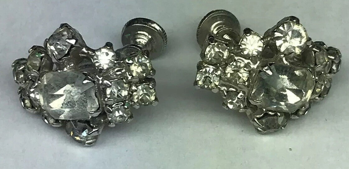 Vintage Art Deco Crystal Rhinestone Half Hoop Screw Back Clip Earrings