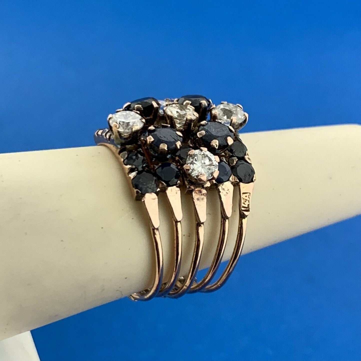 Estate 14K Rose Gold Sapphire Diamond Cluster September Occasion Wide Harem Ring