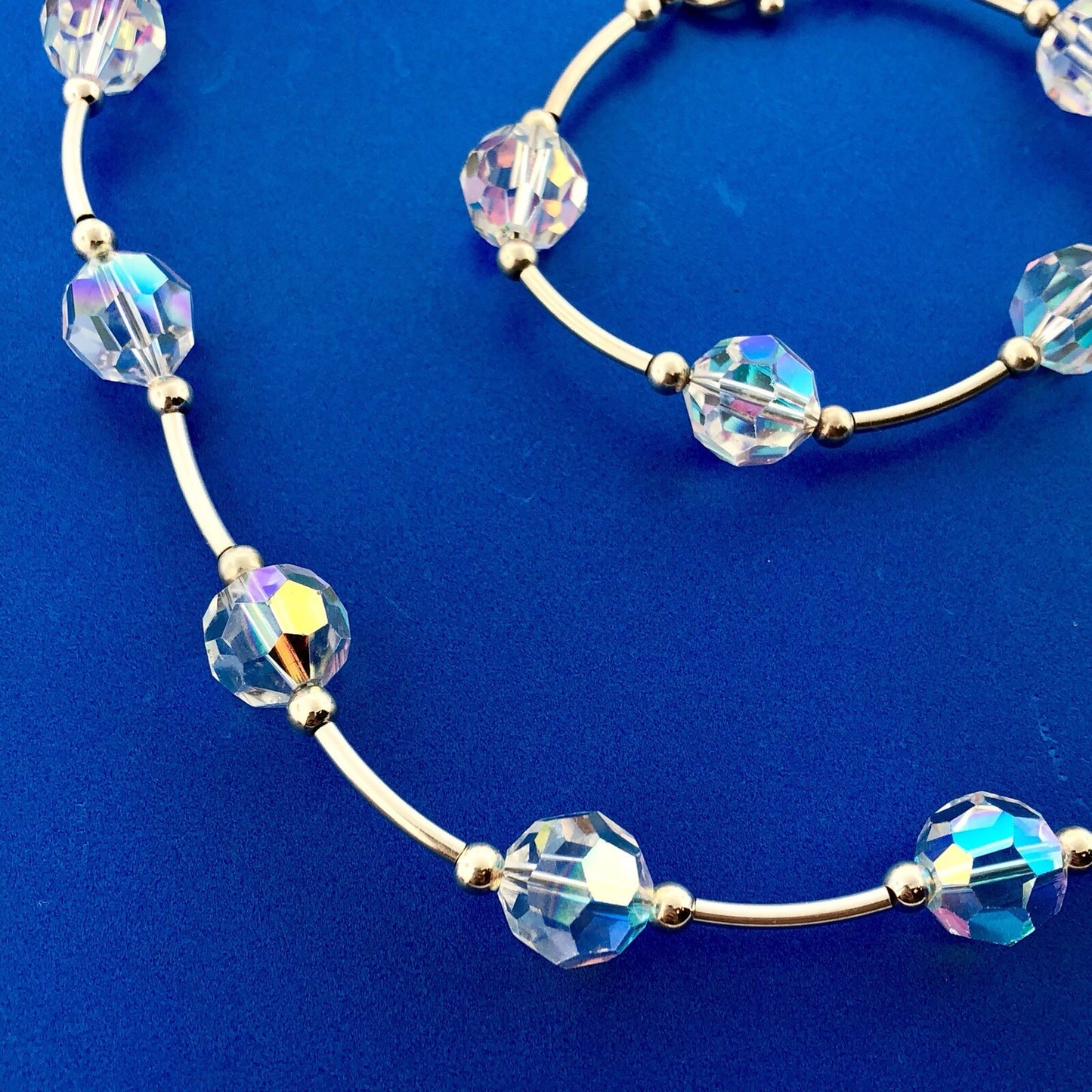 Stunning 925 Sterling Silver Aurora Borealis Cyrstal Bead Bracelet Necklace Set