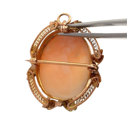 Victorian 10K Yellow Gold Leaf Design Filigree Carved Oval Cameo Pendant Brooch
