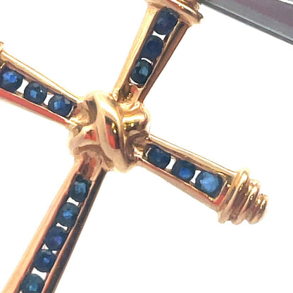 Designer 14K Yellow Gold Blue Sapphire Religious Easter Statement Cross Pendant