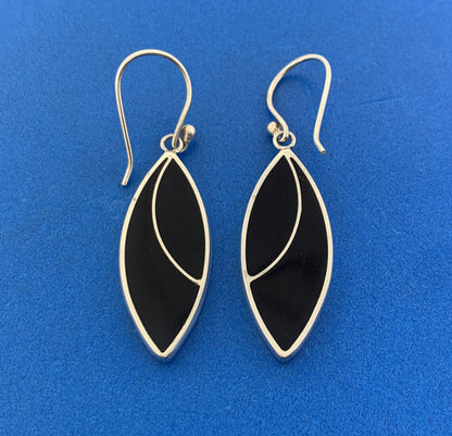 Designer 925 Sterling Silver Abalone Black Onyx Inlay Dangle Drop Hook Earrings