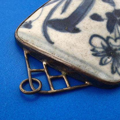 Vintage Artisan Signed 925 Sterling Silver Blue White Pottery Statement Pendant