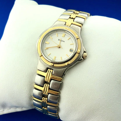 Bulova 98M36 Stainless Steel Gold Tone Accents Ladies Bracelet Watch