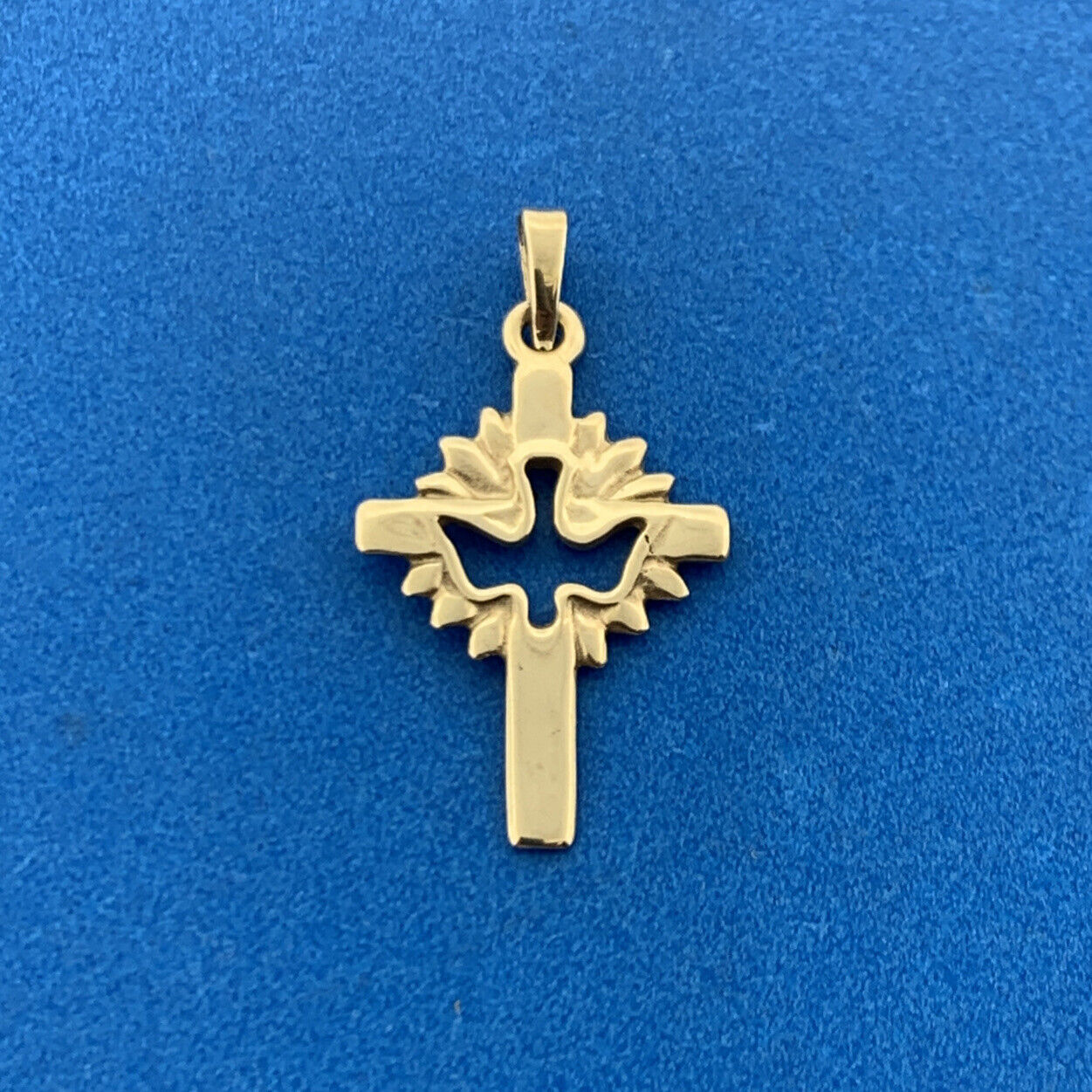 Designer 10K Yellow Gold Modernist Peace Dove Religious Communion Cross Pendant