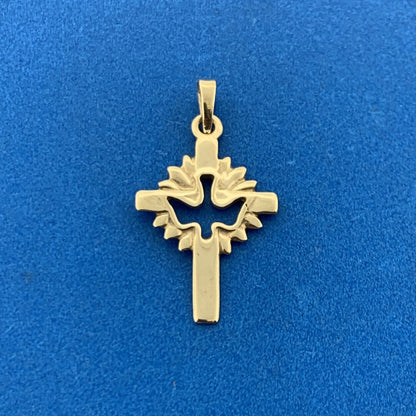Designer 10K Yellow Gold Modernist Peace Dove Religious Communion Cross Pendant
