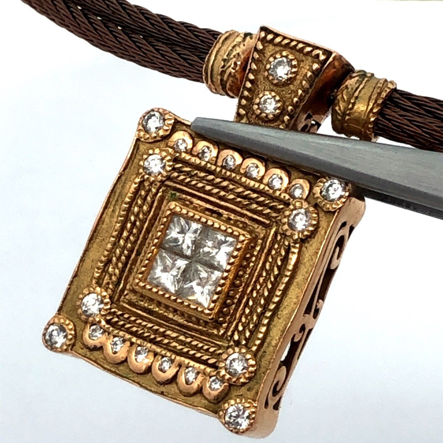 Designer Philippe Charriol 18K Yellow Gold Brown Steel Diamond Pendant Necklace