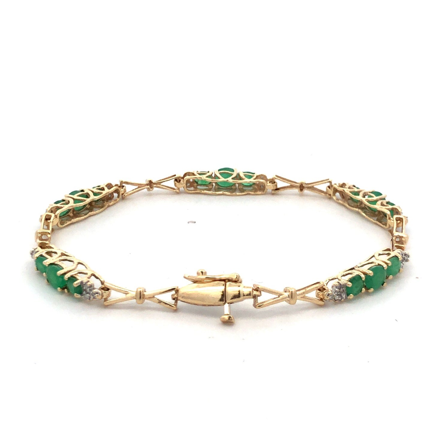 Designer SAY 14K Yellow Gold Oval Green Emerald Diamond Panel Tennis Bracelet