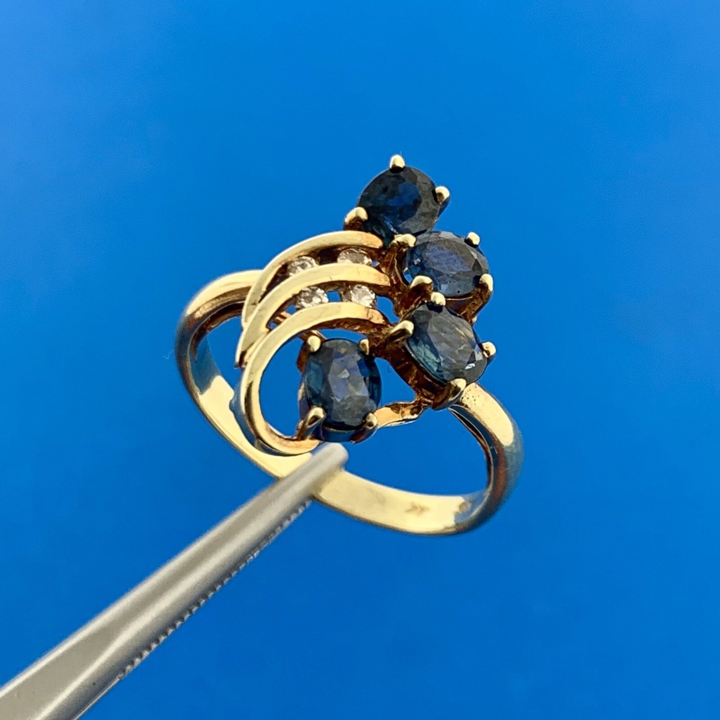 14K Yellow Gold Oval Sapphire Cluster Diamond Accented September Occasion Ring