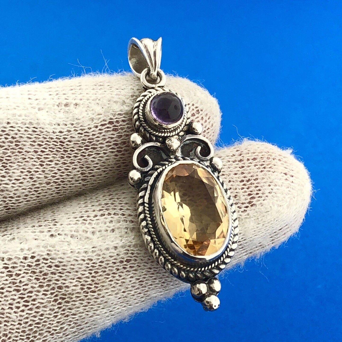 Stunning Sterling Silver 925 Oval Cut Citrine Amethyst Filigree Dangle Pendant