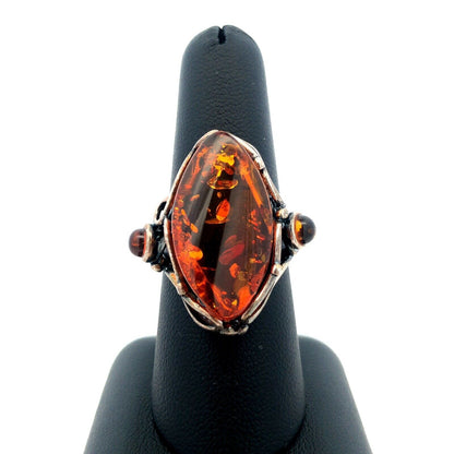 Vintage Designer PL 925 Sterling Silver Oval Amber Statement Ring