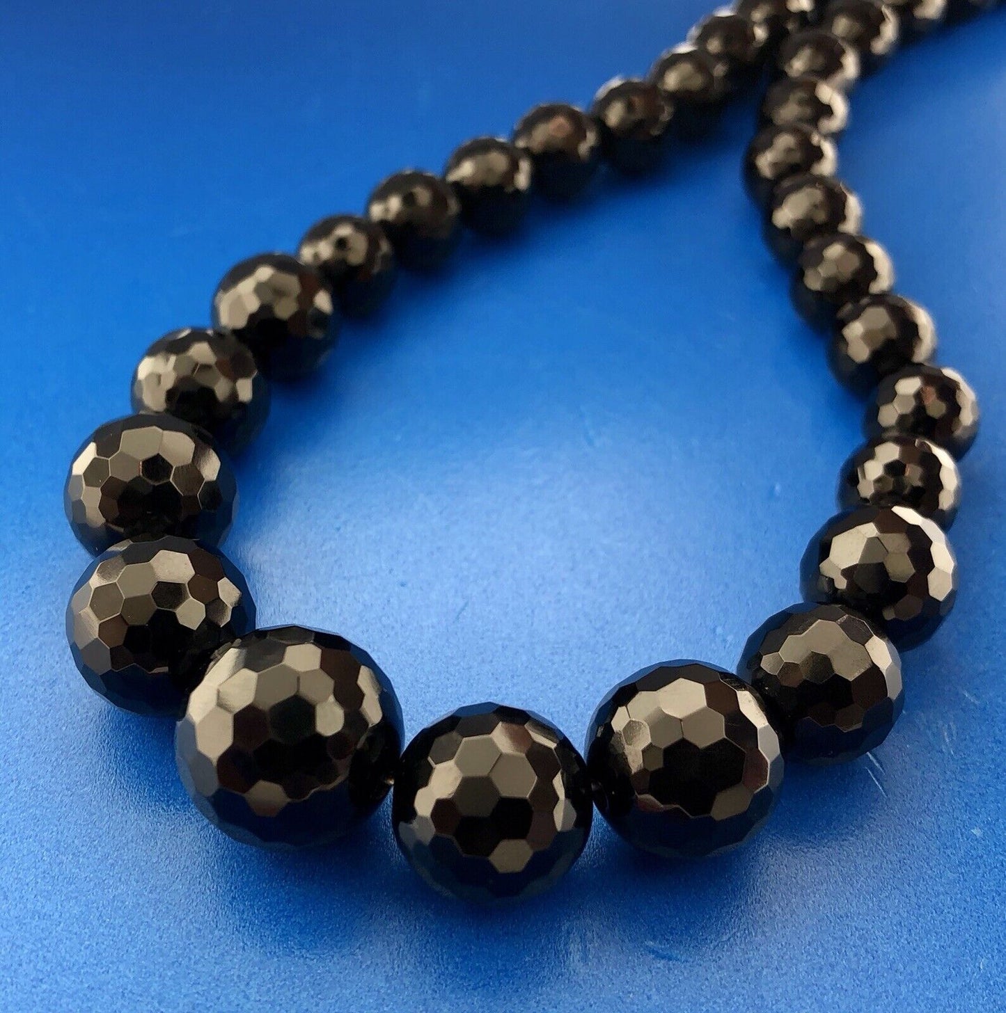 Classic Designer Sterling Silver 925 Graduated Black Faceted Jet Bead Necklace