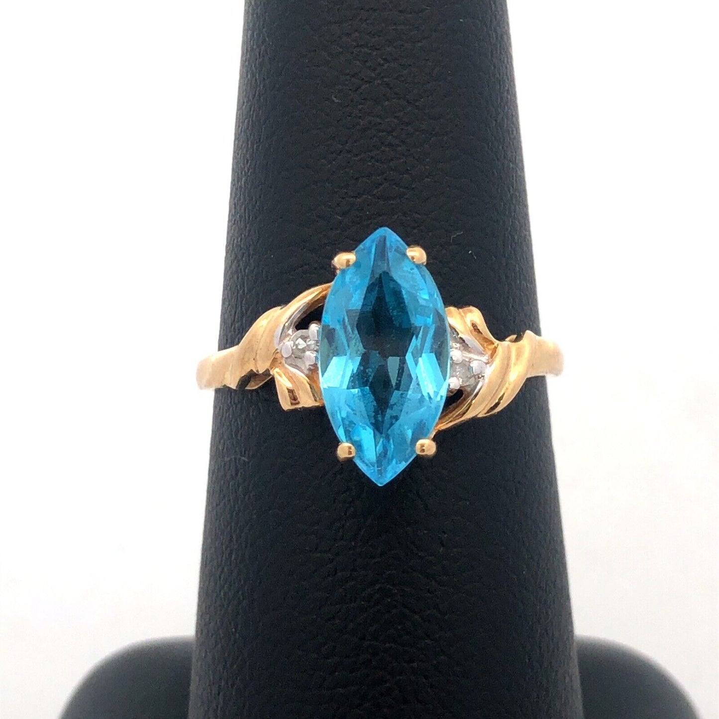 14K Yellow Gold Marquise Blue Topaz Diamond Anniversary Cocktail Statement Ring