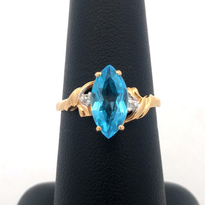 14K Yellow Gold Marquise Blue Topaz Diamond Anniversary Cocktail Statement Ring