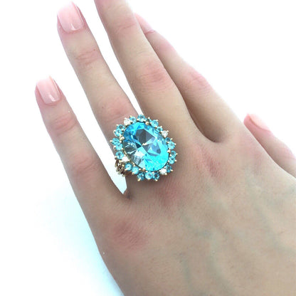 Designer 14k Yellow Gold Large Oval Blue Topaz Aquamarine Diamond Statement Ring