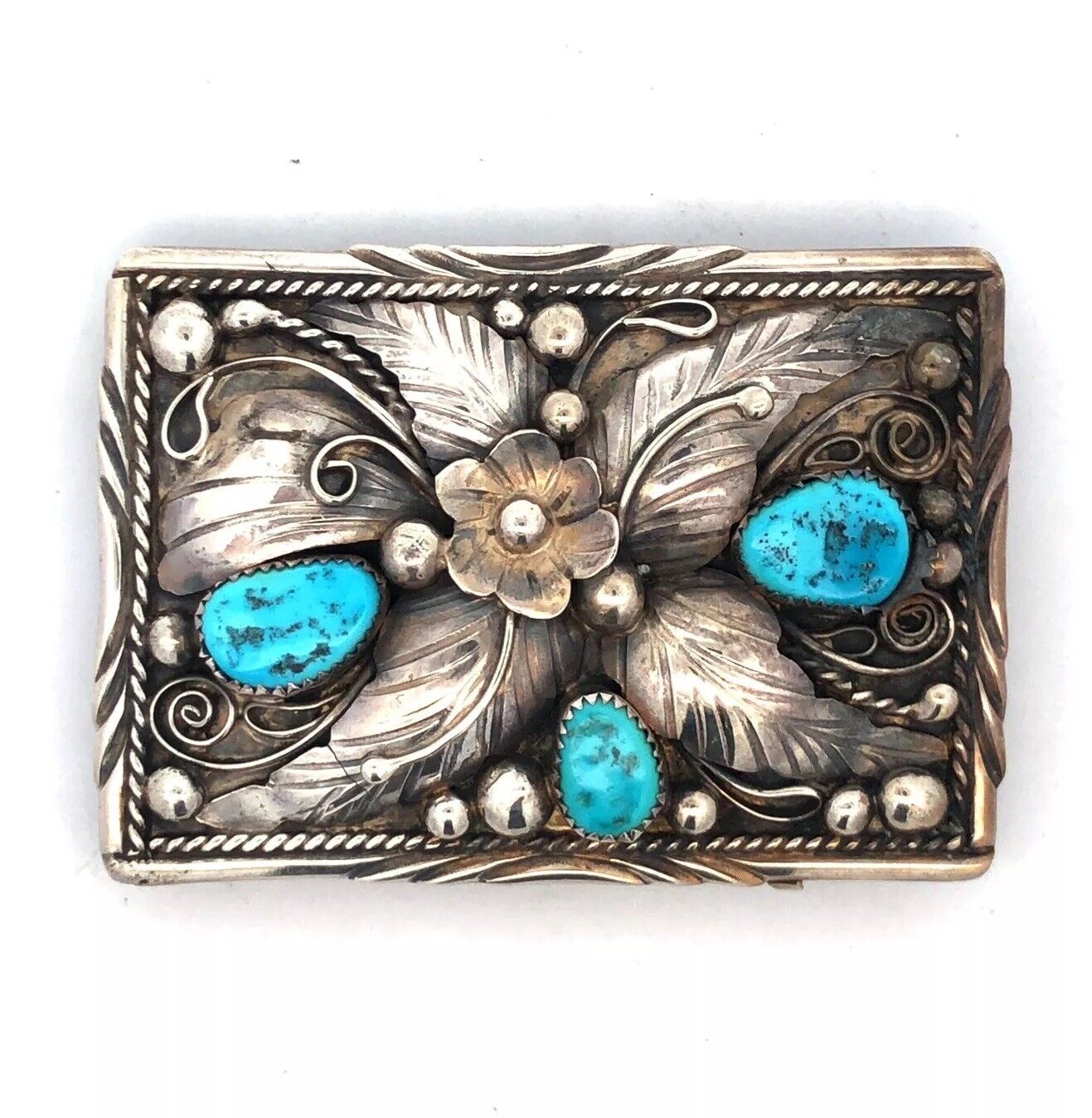 Native American Jameson Lee 925 Sterling Silver Turquoise Floral Belt Buckle