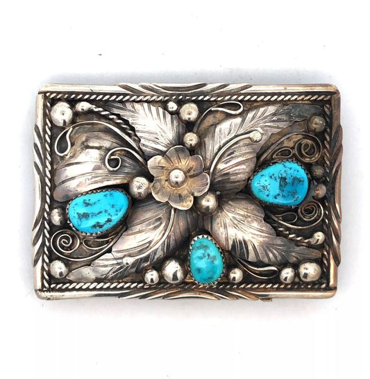 Native American Jameson Lee 925 Sterling Silver Turquoise Floral Belt Buckle