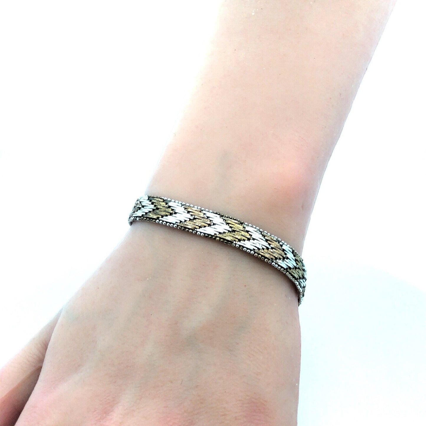 Designer 925 Sterling Silver Bronze Two Tone Herringbone Chevron Bracelet