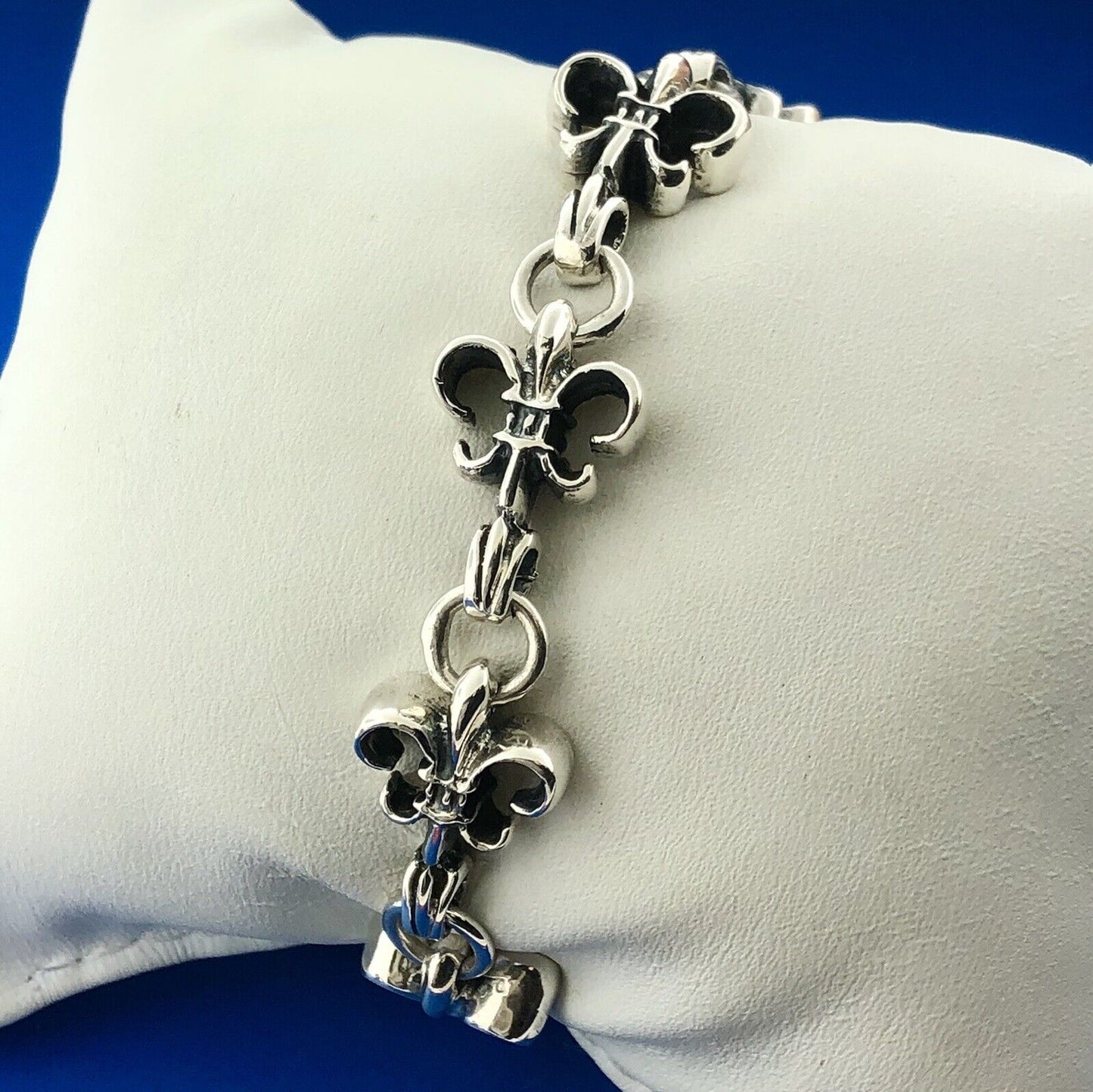 Retro 925 Sterling Silver Fleur De Lis Link Panel Toggle Bracelet