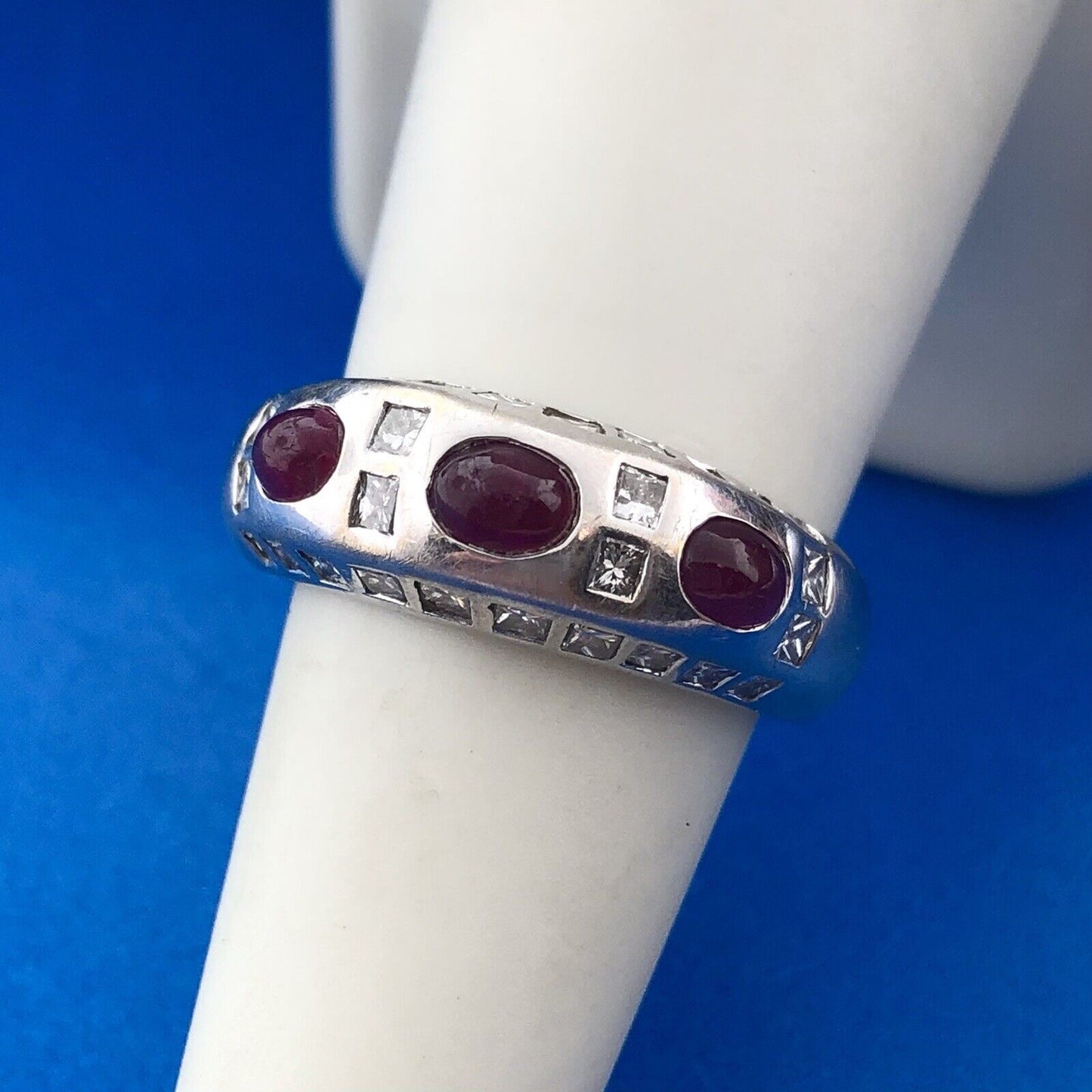 Art Deco Art Nouveau 18K White Gold Ruby Diamond July Anniversary Band Ring