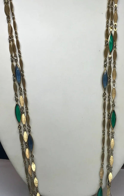 Vintage Gold Tone Blue Green Glass Bead Three Strand Graduated Drop Necklace