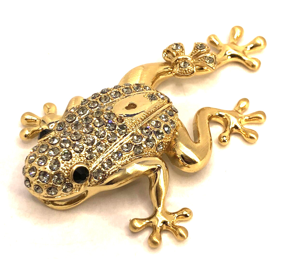 Estate Andrew Hamilton Crawford Rhinestone Gold Tone 3D Frog Statement Pendant