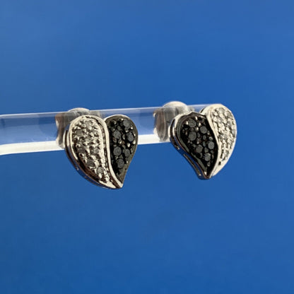 Designer HN 925 Sterling Silver White Black Diamond Cluster Heart Stud Earrings