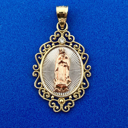 Vintage 10K Yellow White Rose Gold Diamond Oval Filigree Mother Mary Pendant