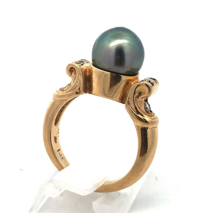 Estate 14K Yellow Gold Black Pearl Diamond Accented Statement Cocktail Ring