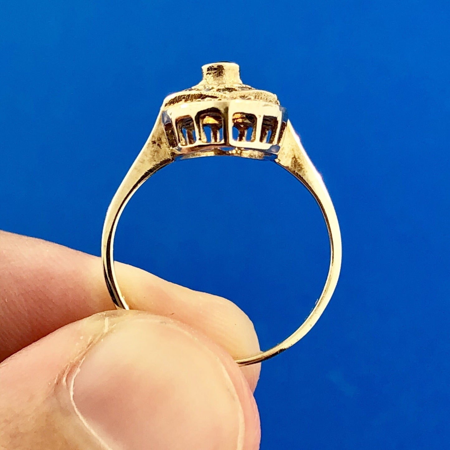 Art Deco Art Nouveau 14K Yellow Gold Sapphire Aquamarine Accent Cocktail Ring