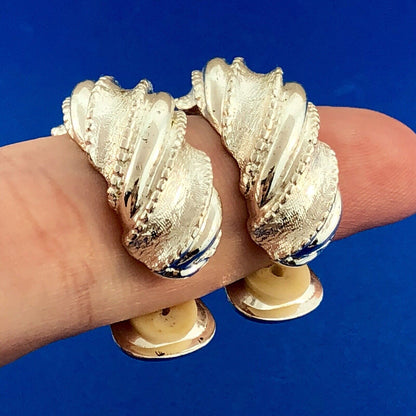 Classic Silver Tone Polished Textured Beaded Twist Half Hoop Clip Earrings