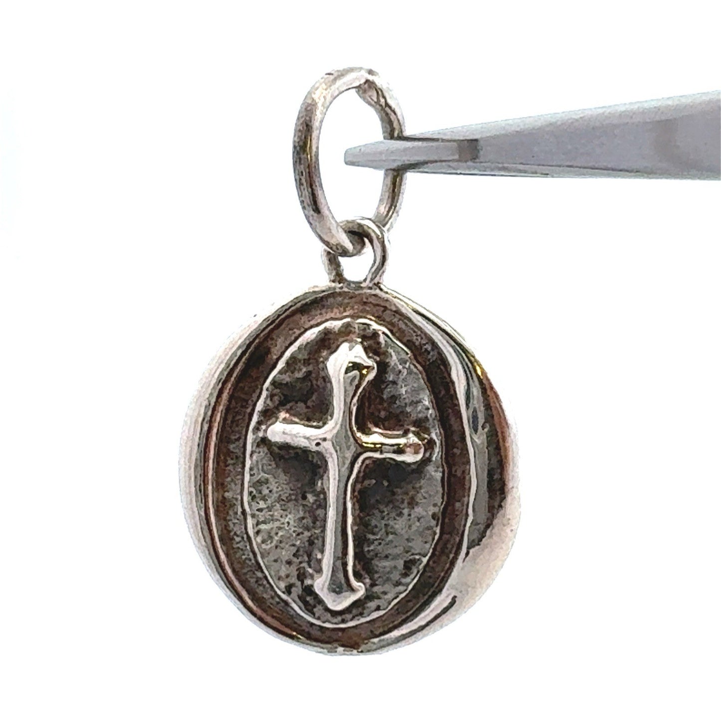 Designer 925 Sterling Silver Oval Wax Seal Cross Crucifix Petite Charm Pendant