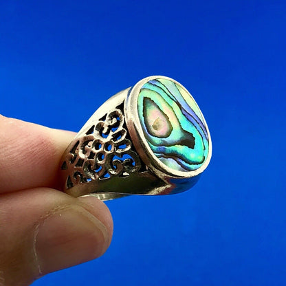 Designer NF 925 Sterling Silver Abalone Shell Cabochon Open Scroll Dome Ring